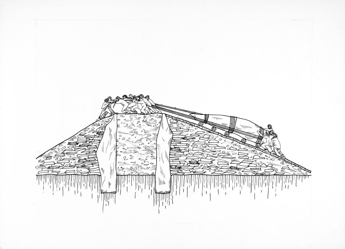 Construction of a Neolithic burial chamber, drawing