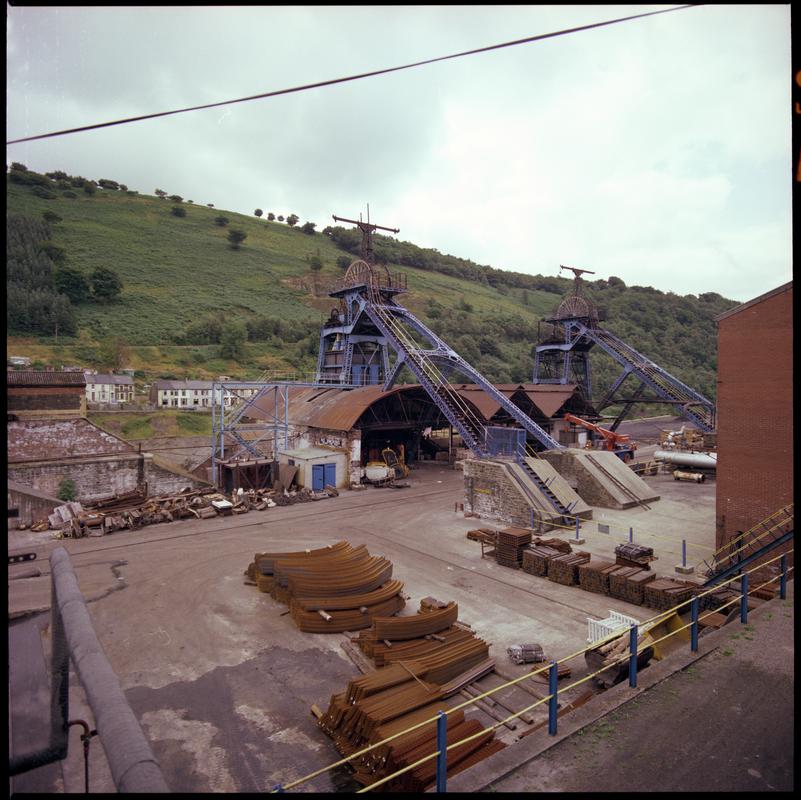 Colour film negative showing the upcast and downcast shafts, Six Bells Colliery.  'Six Bells' is transcribed from original negative bag.