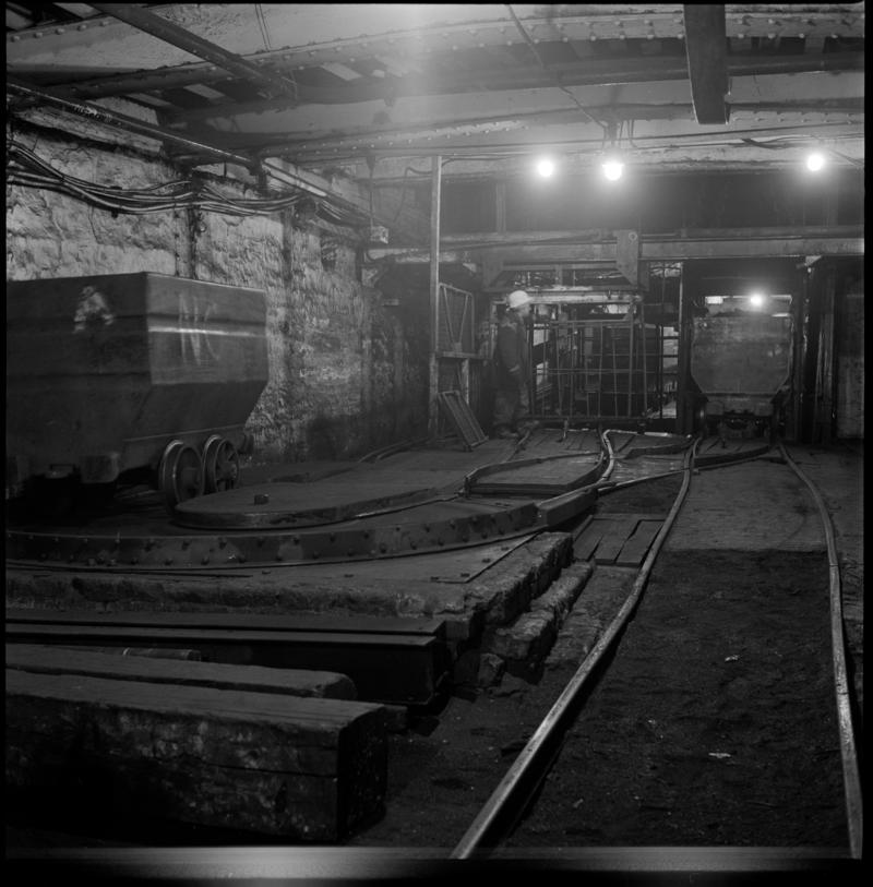 Black and white film negative showing pit bottom, Celynen North Colliery, 1978-9.  'Celynen North 1978-9' is transcribed from original negative bag.