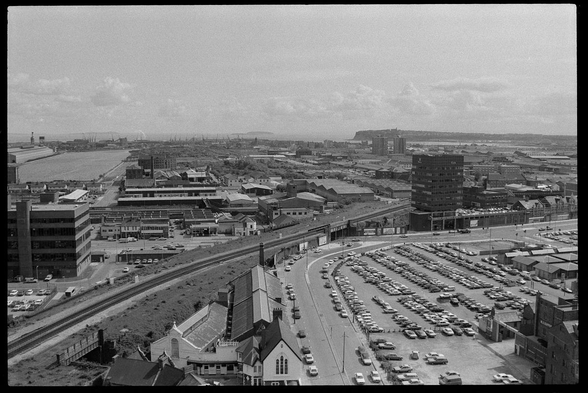 View from top of building on Churchill Way, looking south over railway line to Bute Road.