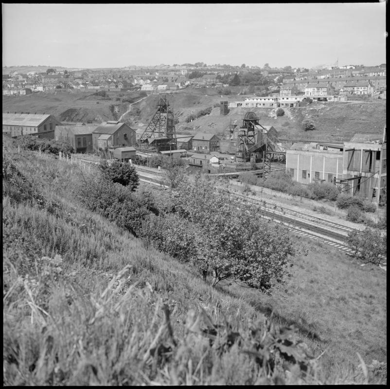 Black and white film negative showing a surface view of Bargoed Colliery 20 May 1977.  'Bargoed 20 May 1977' is transcribed from original negative bag.