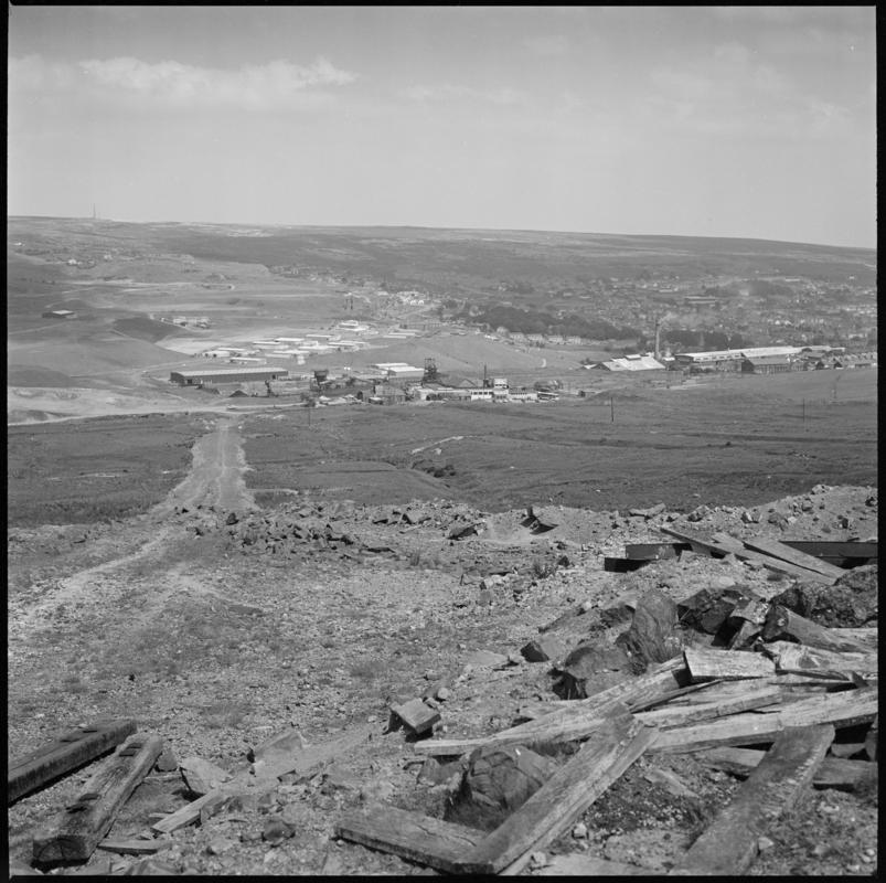 Black and white film negative showing a distant view of Big Pit Colliery, 1979.  'Blaenavon 1979' is transcribed from original negative bag.