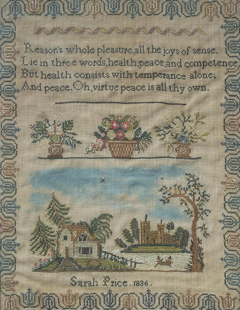 Sampler (verse, pictorial & motifs), made in Oswestry, 1836