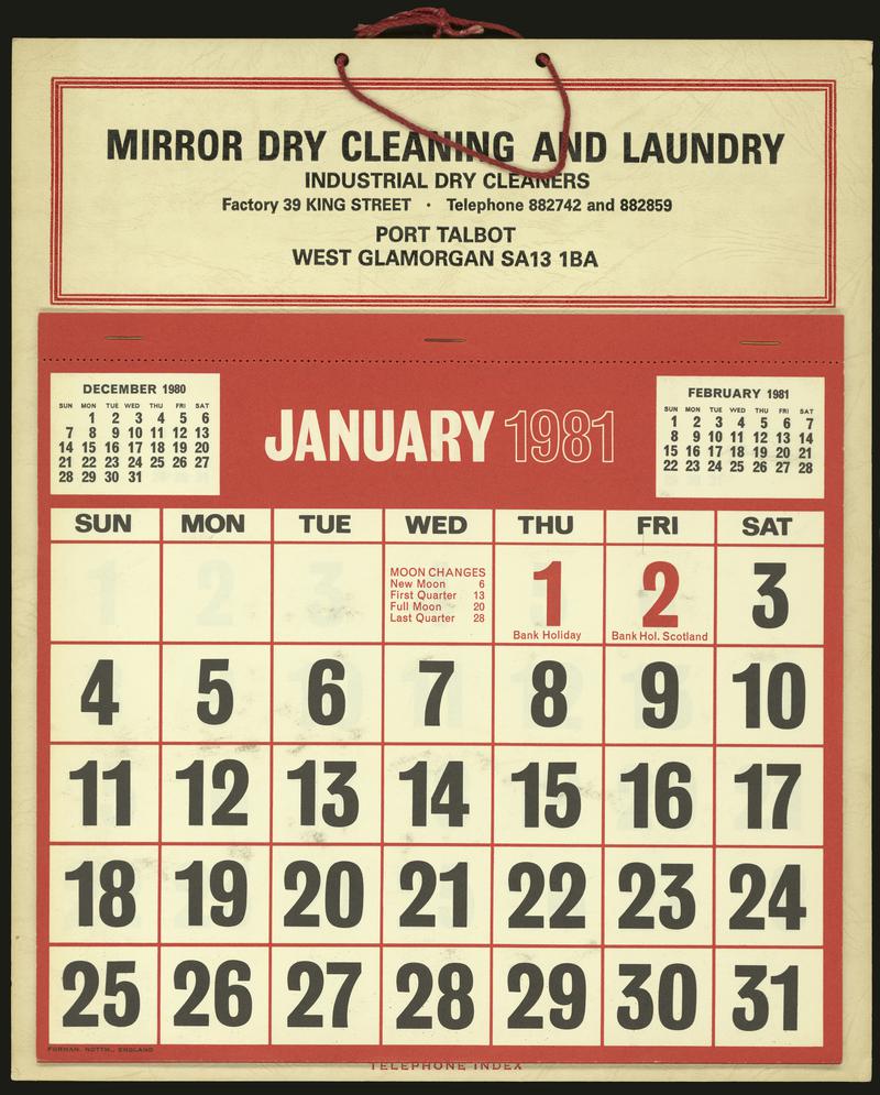 Mirror Dry Cleaning and Laundry, Port Talbot, 1981 Calendar, January 1981