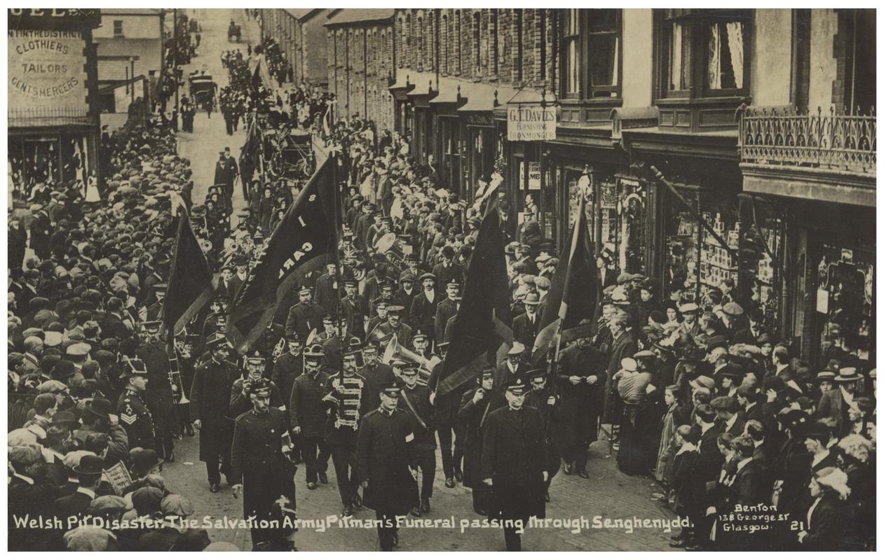Universal Colliery, Senghenydd. Welsh Pit Disaster. The Salvation army Pitman's funeral passing through Senghenydd.