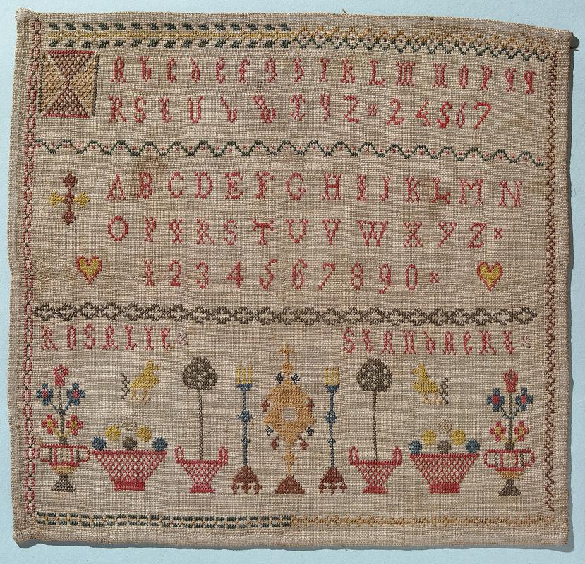 Sampler (motifs & alphabet), made in Belgium, c. 1860