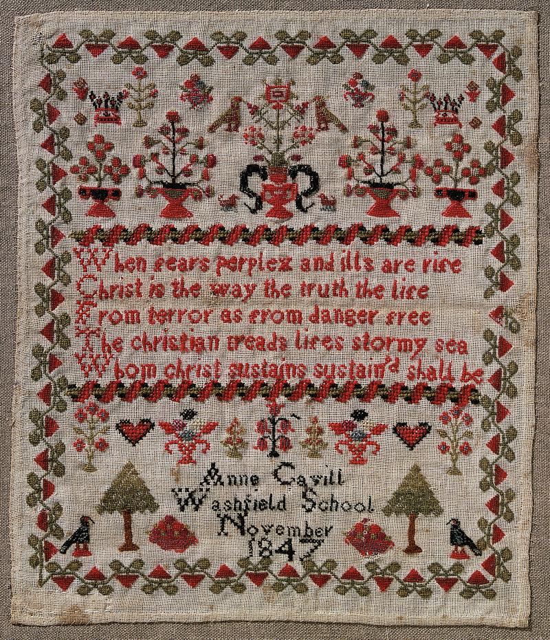 Sampler (school, verse & motifs), made in Treforest, 1847