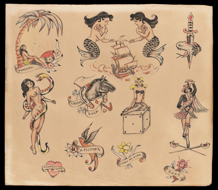 Tattoo flash including images of mermaids and text reading ‘Honolulu’