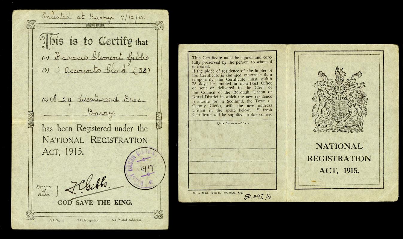 Card certifying that Annie Gibbs of Barry who did 'Household duties' had been registered under the National Registration Act, 1915