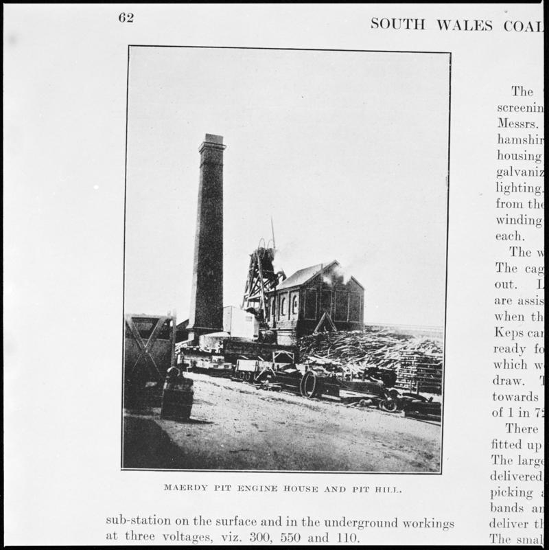 Black and white film negative showing Maerdy Colliery engine house, photographed from a publication.  'Maerdy Pit' is transcribed from original negative bag.
