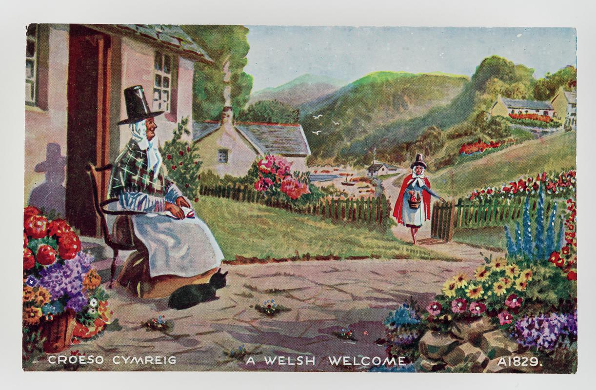 'Croeso Cymreig / A Welsh welcome.'  1 Welsh lady visits another.