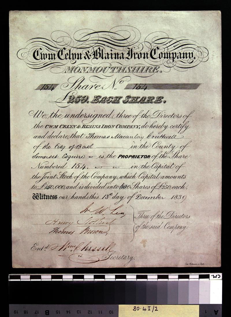 Cwm Celyn & Blaina Iron Company, share certificate