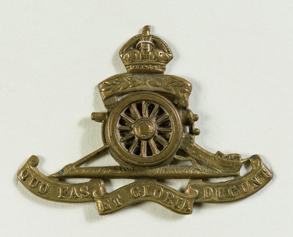 Cap badge of the Royal Field Artillery. Belonged to Vincent Haydon Handley of Cardiff who died in 1915.