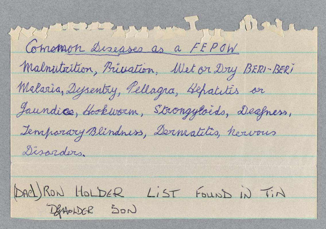 Hand-written note 'Common Diseases as a FEPOW' - Ronald Holder collection