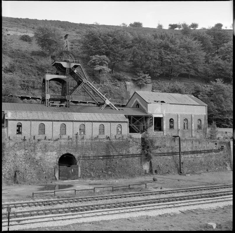 Black and white film negative showing the No.2. shaft, Llanhilleth Colliery, October 1975.  'Llanhilleth Oct 1975' is transcribed from original negative bag.