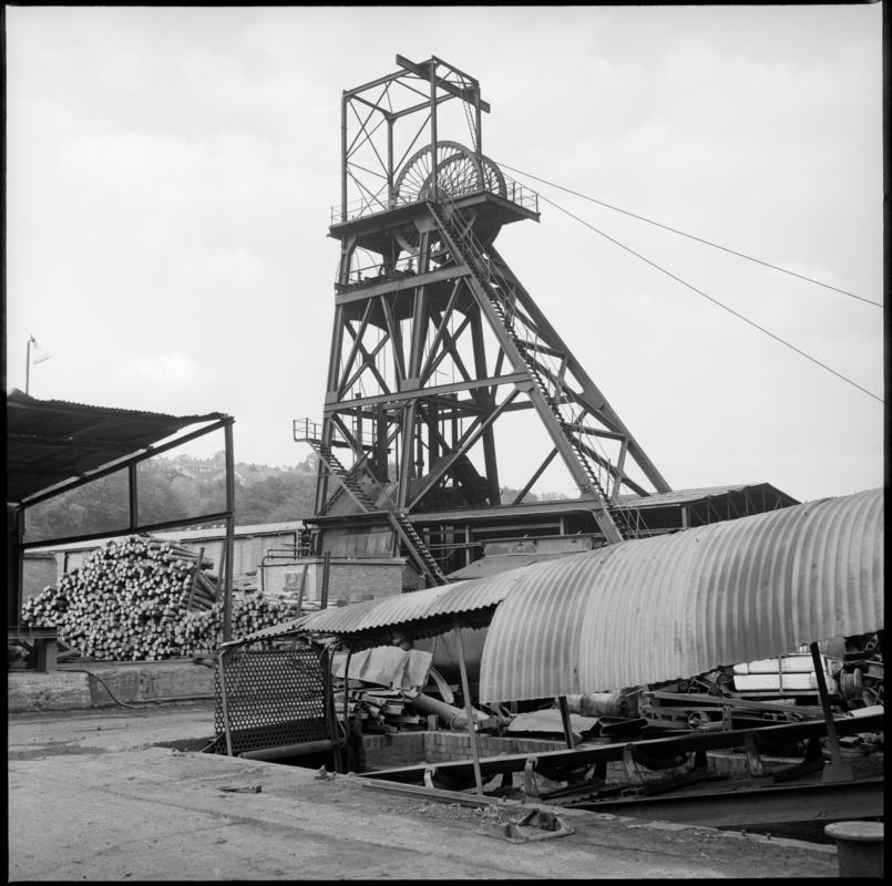 Black and white film negative showing the downcast headgear, Celynen North Colliery 11 October 1975.  'Celynen North 11 Oct 1975' is transcribed from original negative bag.