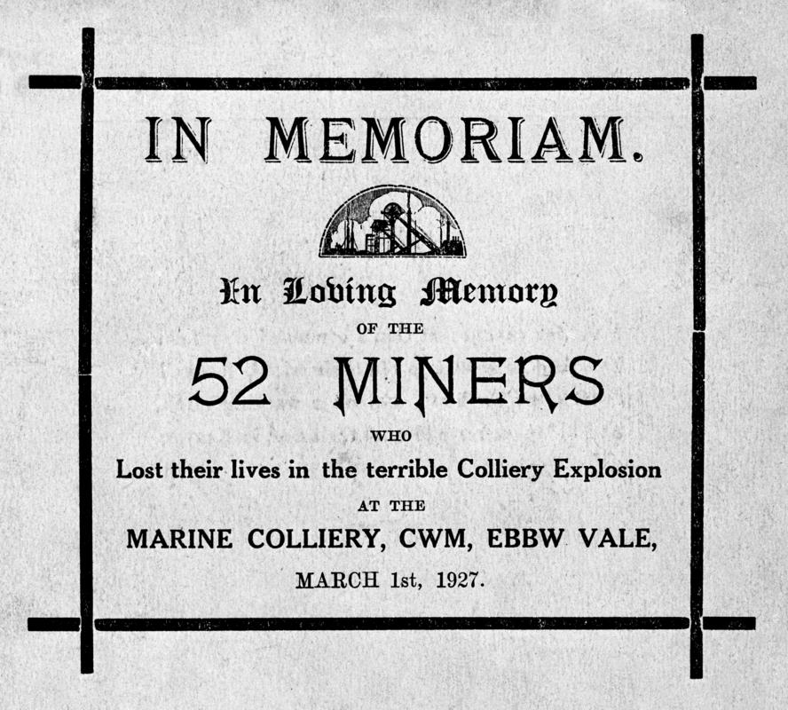 Marine Colliery disaster memorial card