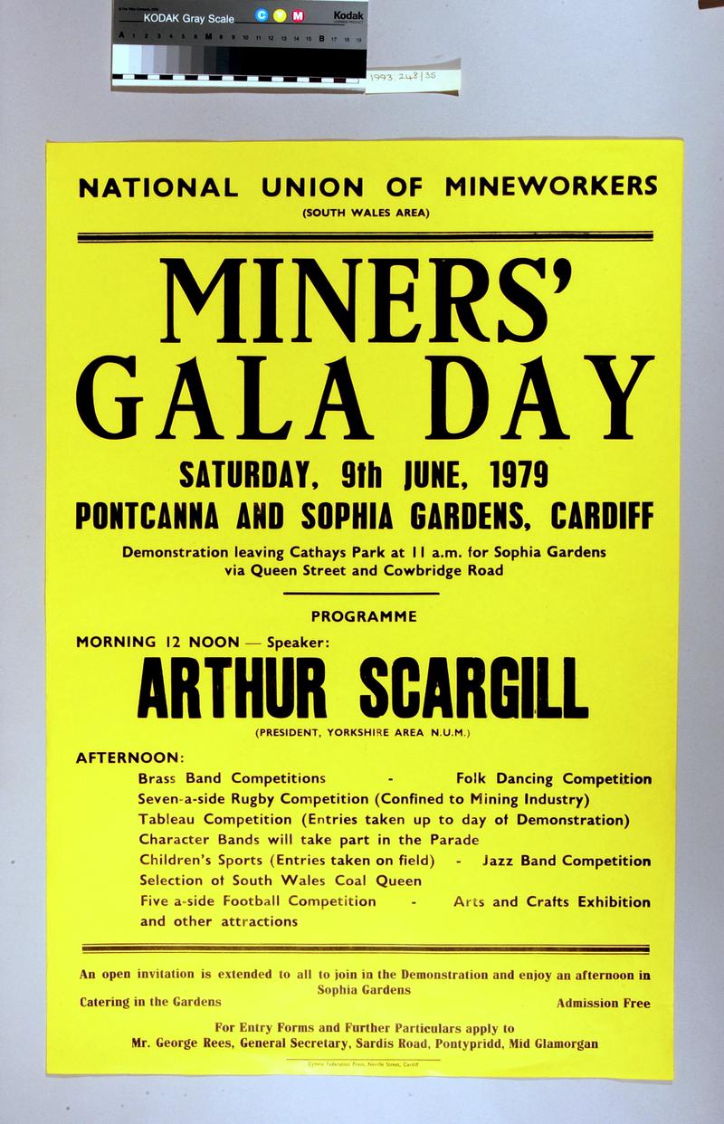 Poster for Miner's Gala Day held in Sophia Gardens and Pontcanna Fields, Cardiff