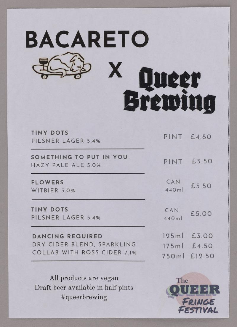 Price list for beers produced by 'Queer Brewing' and sold at Bacareto, Church Street, Cardiff, as part of The Queer Fringe Festival
