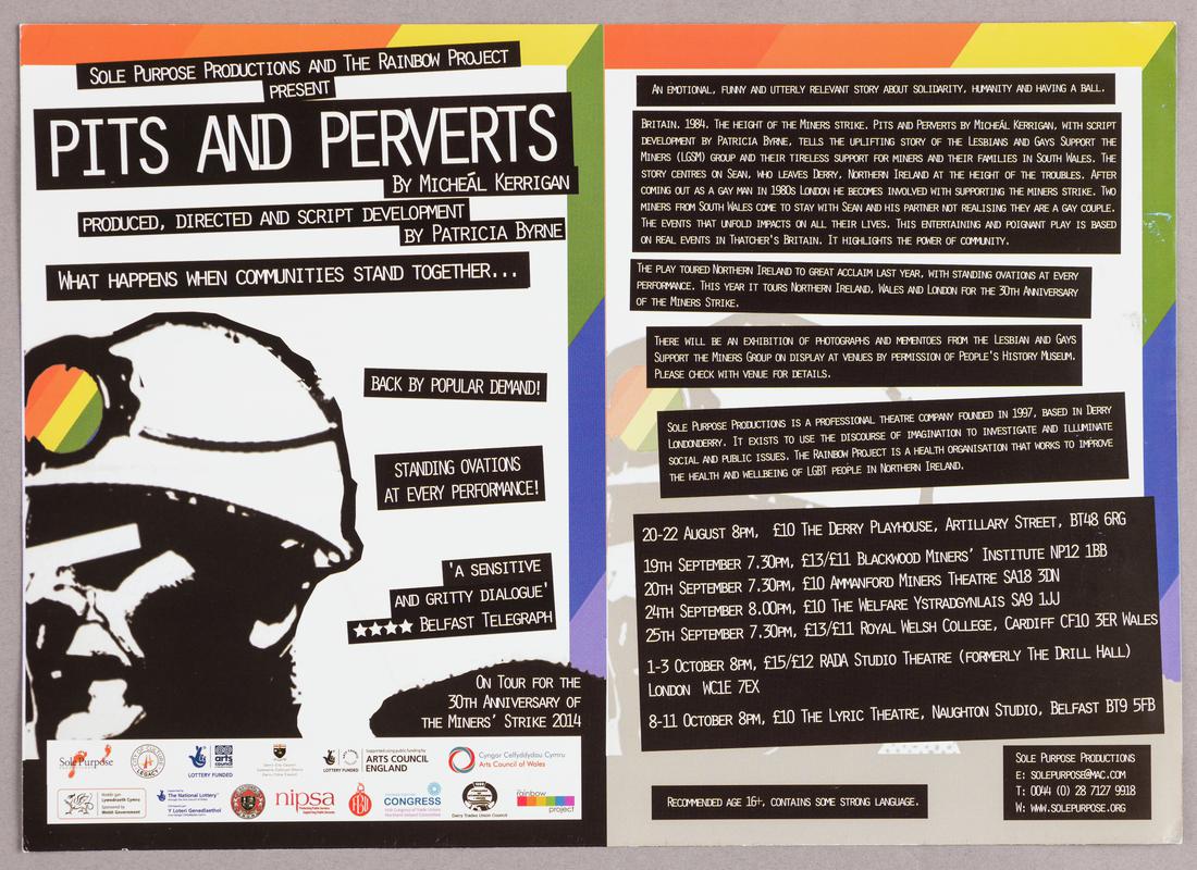 Leaflet for play 'Pits and Perverts' by Micheal Kerrigan.