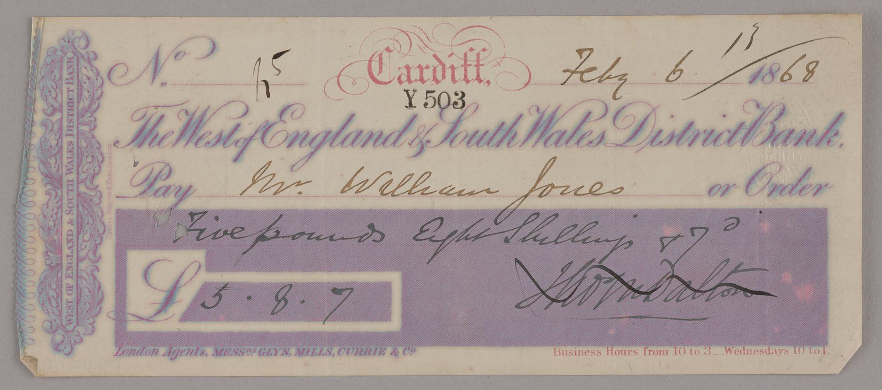 The West of England & South Wales District Bank cheque for five pounds, eight shillings and seven pence, 1868