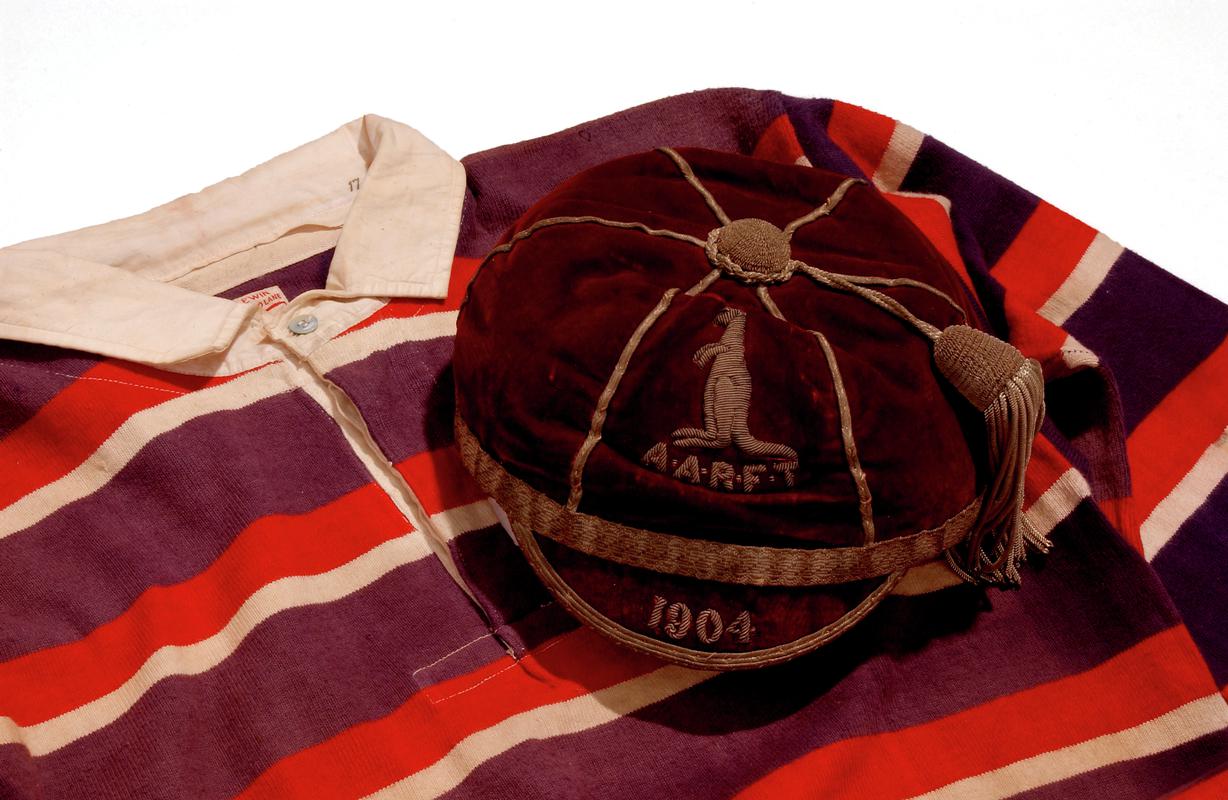 Rugby football jersey & cap - British Touring team to Australia & New Zealand, 1904.  Worn by the late T. H. Vile, Monmouthshire.