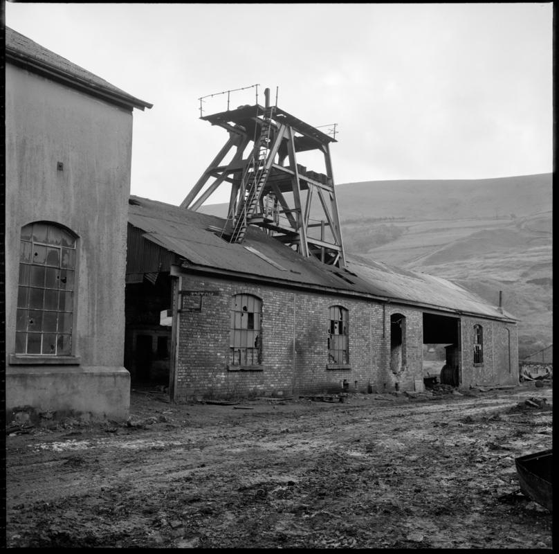 Black and white film negative showing the downcast shaft, Beynon's Colliery, 30 October 1975.  'Beynon 30 Oct 1975' is transcribed from original negative bag.