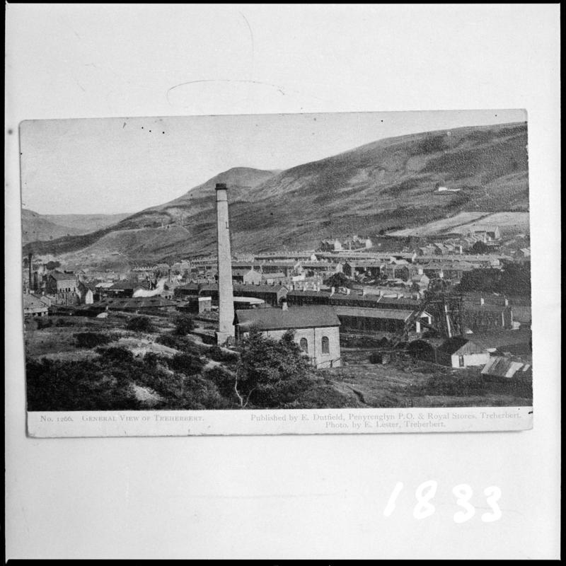 Black and white film negative of a photograph showing a view of Treherbert.  'General view Treherbert' is transcribed from original negative bag.