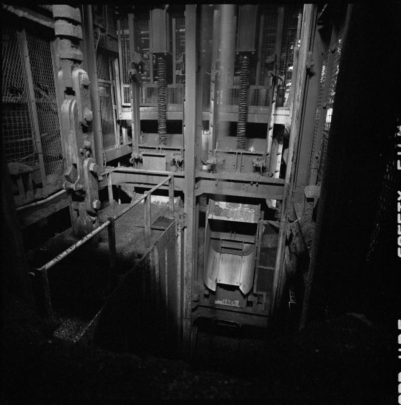 Black and white film negative showing a skip at pit bottom, Lady Windsor Colliery August 1980.  'Lady Windsor Aug 1980' is transcribed from original negative bag.