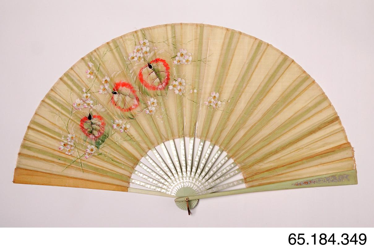 Yellow silk fan with painted flowers and wooden guards and sticks