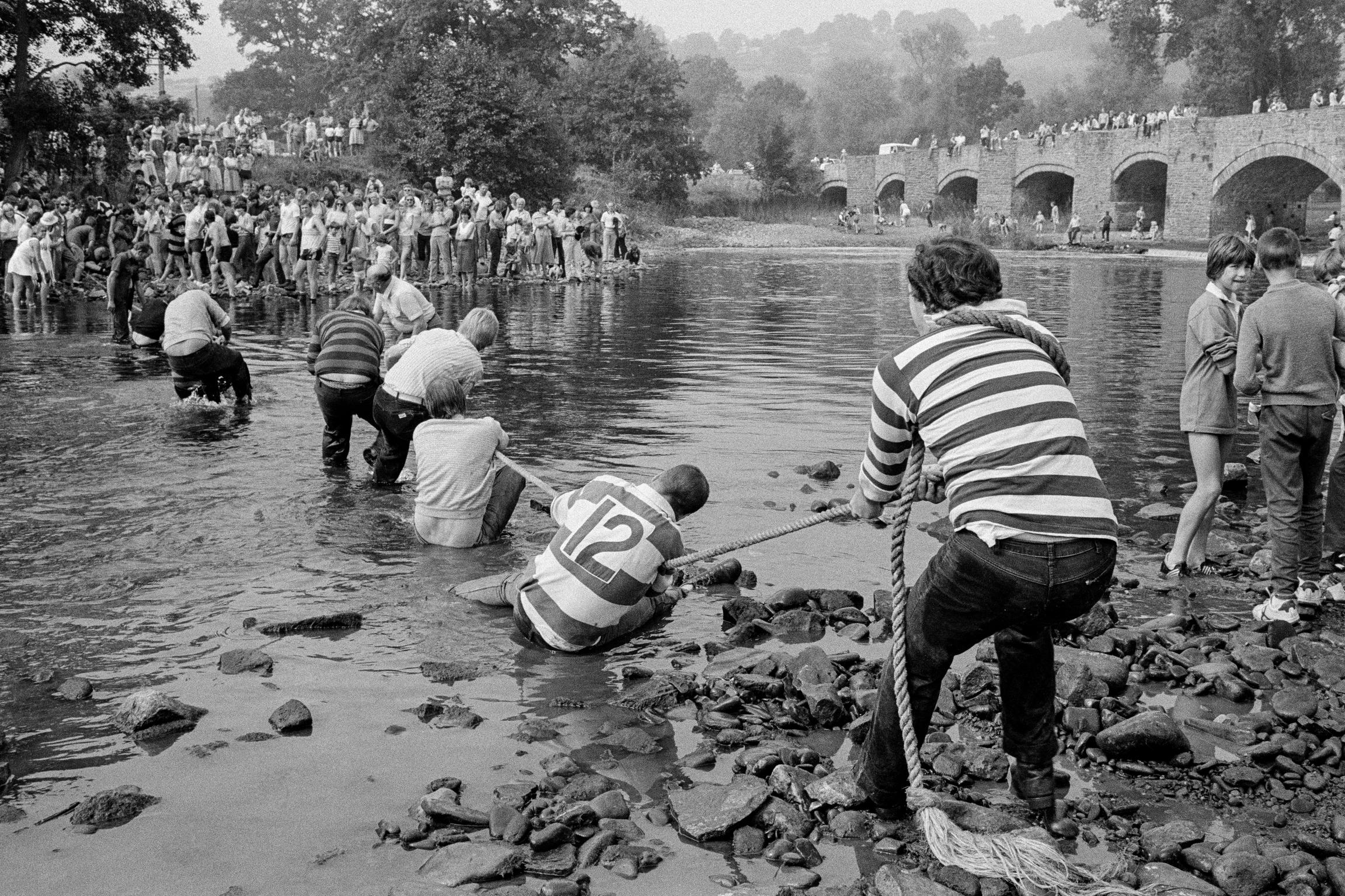 Tradition, tug-o-war across the river. Crickhowel, Wales