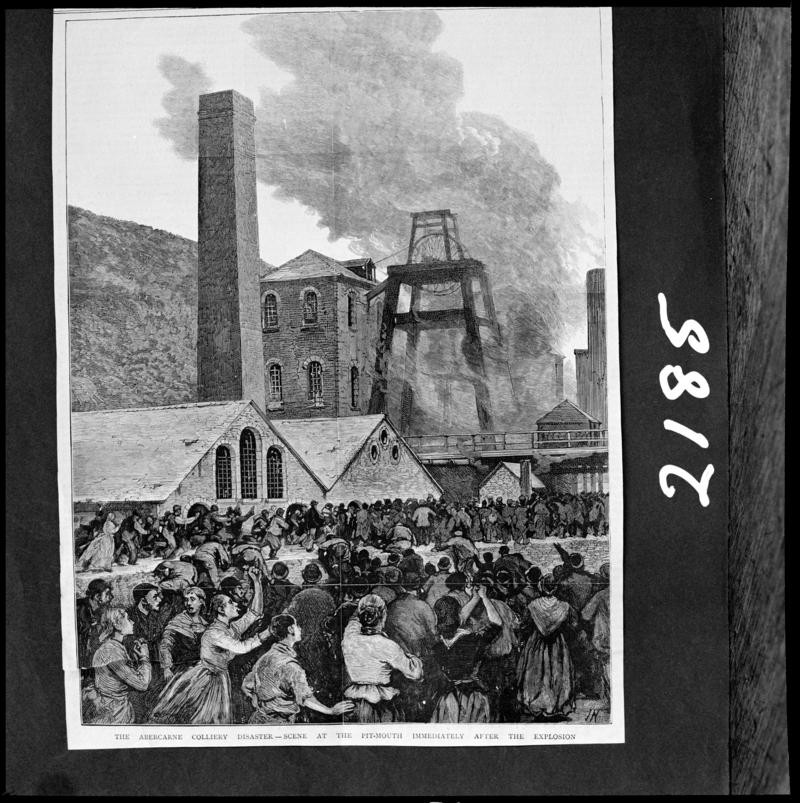 Black and white film negative showing the scene after the Prince of Wales Colliery explosion 11 September 1878, a sketched illustration photographed from a publication.  'Abercarn' is transcribed from original negative bag.
