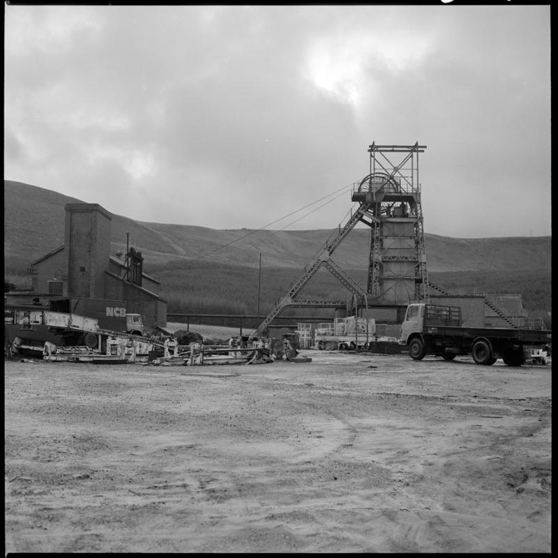 Black and white film negative showing a surface view of Tower Colliery, December 1979.  'Tower Colliery Dec 1979' is transcribed from original negative bag.