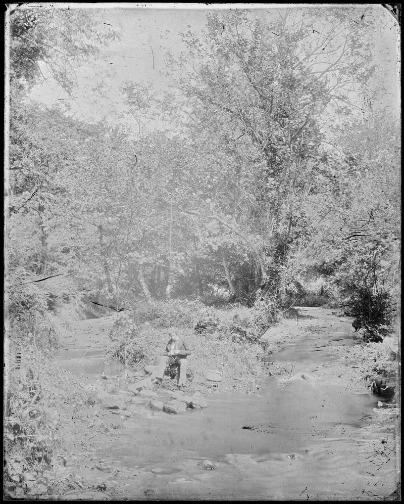 Willy Llewelyn fishing at Penllergare, glass neg