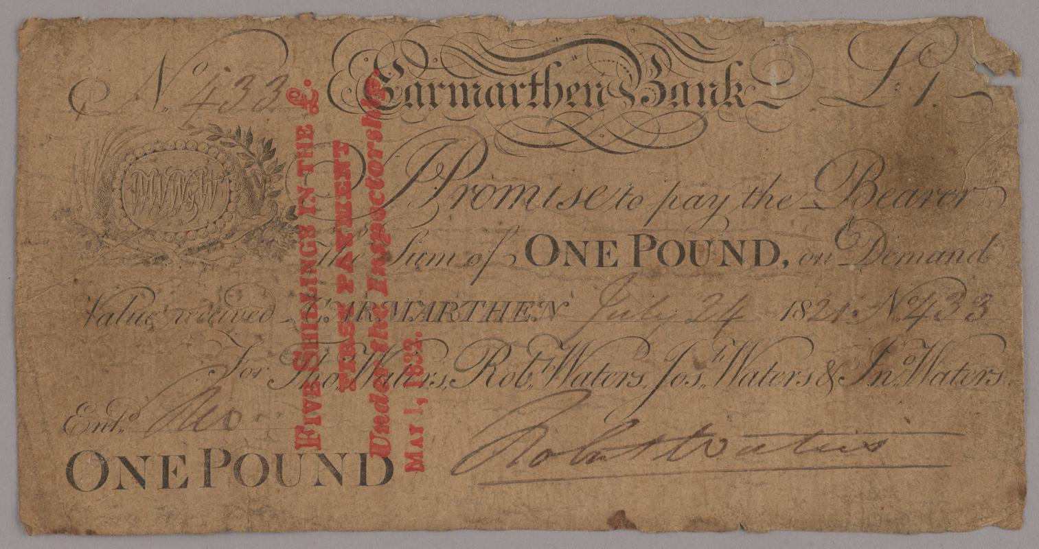 Carmarthen Bank one pound bank note, 1821