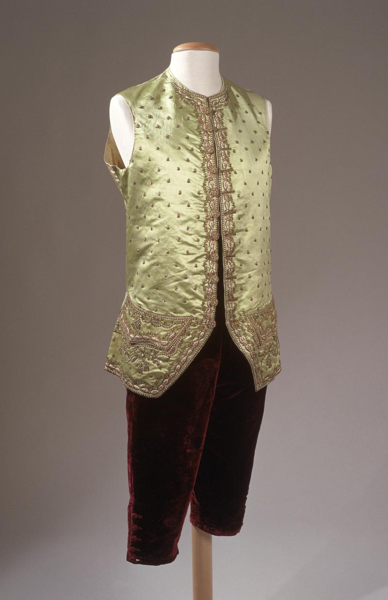 Waistcoat and breeches of suit which belonged to Sir Watkin Williams-Wynn, Wynnstay (1749-89)