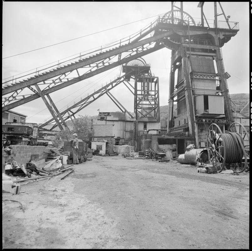Black and white film negative showing the upcast and downcast shafts, Penrhiwceibr Colliery.  'Penrikyber' is transcribed from original negative bag.