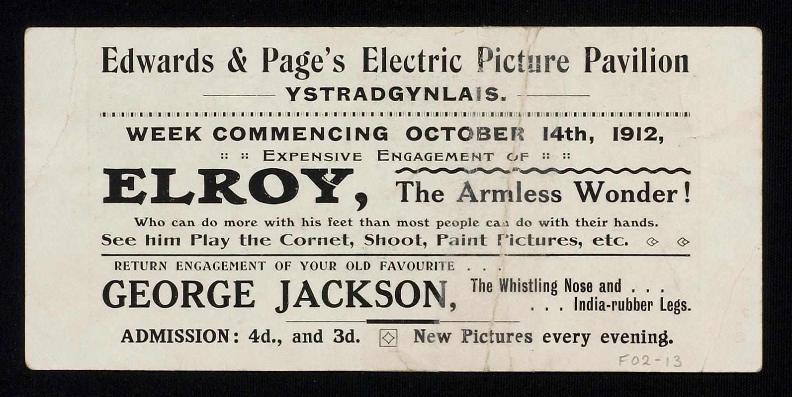 Cinema ticket : "ELROY - the Armless Wonder"  (front)
