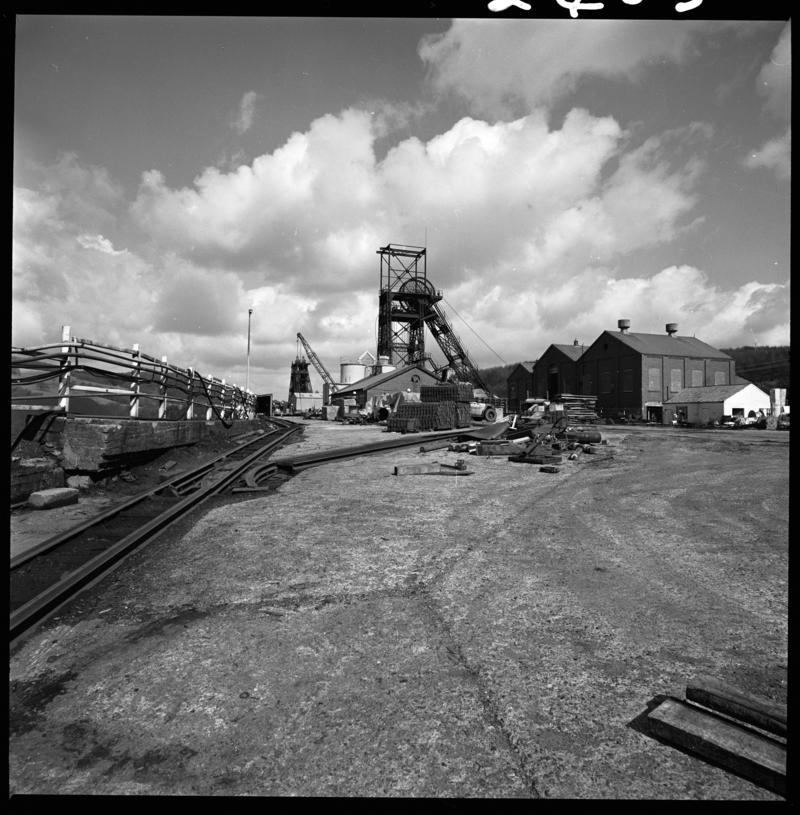 Black and white film negative showing the downcast headgear, Cefn Coed Colliery.
