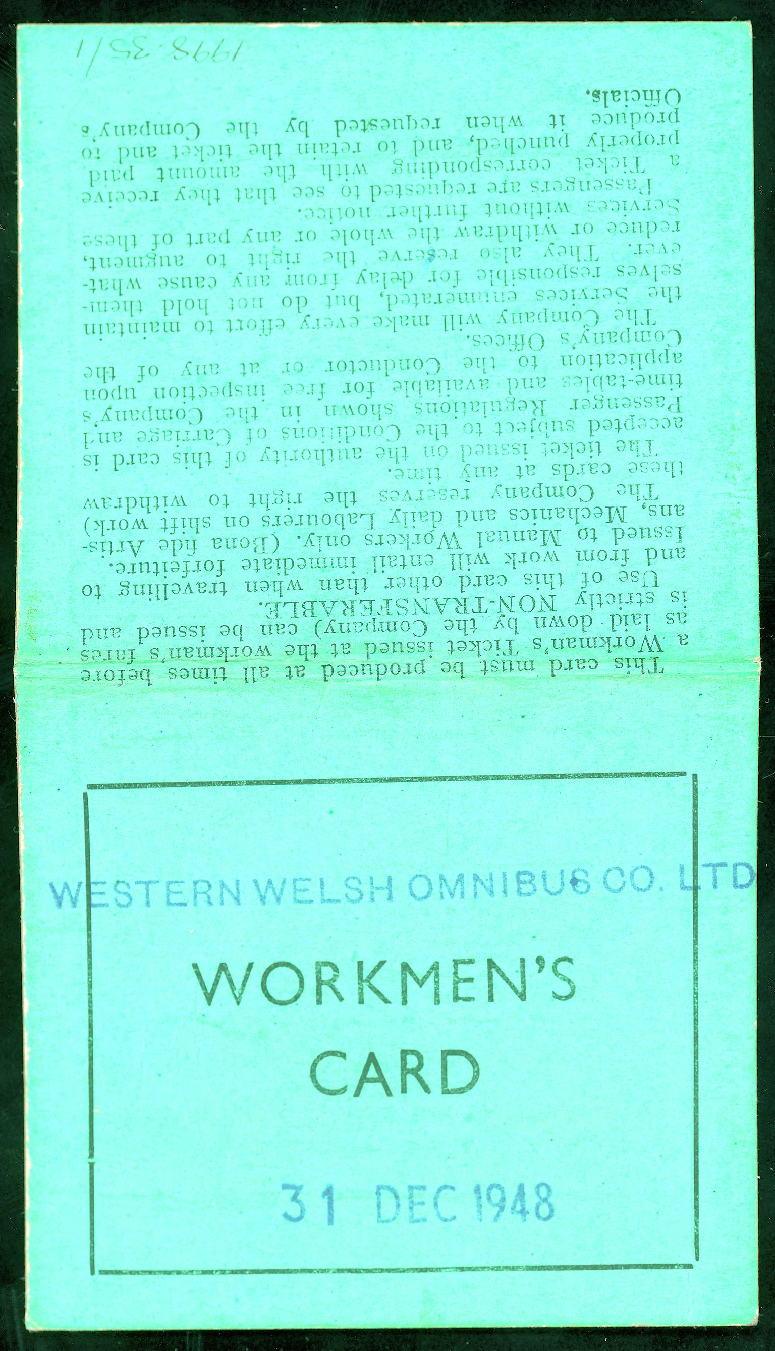 Western Welsh Omnibus Co. Ltd. workman's bus pass