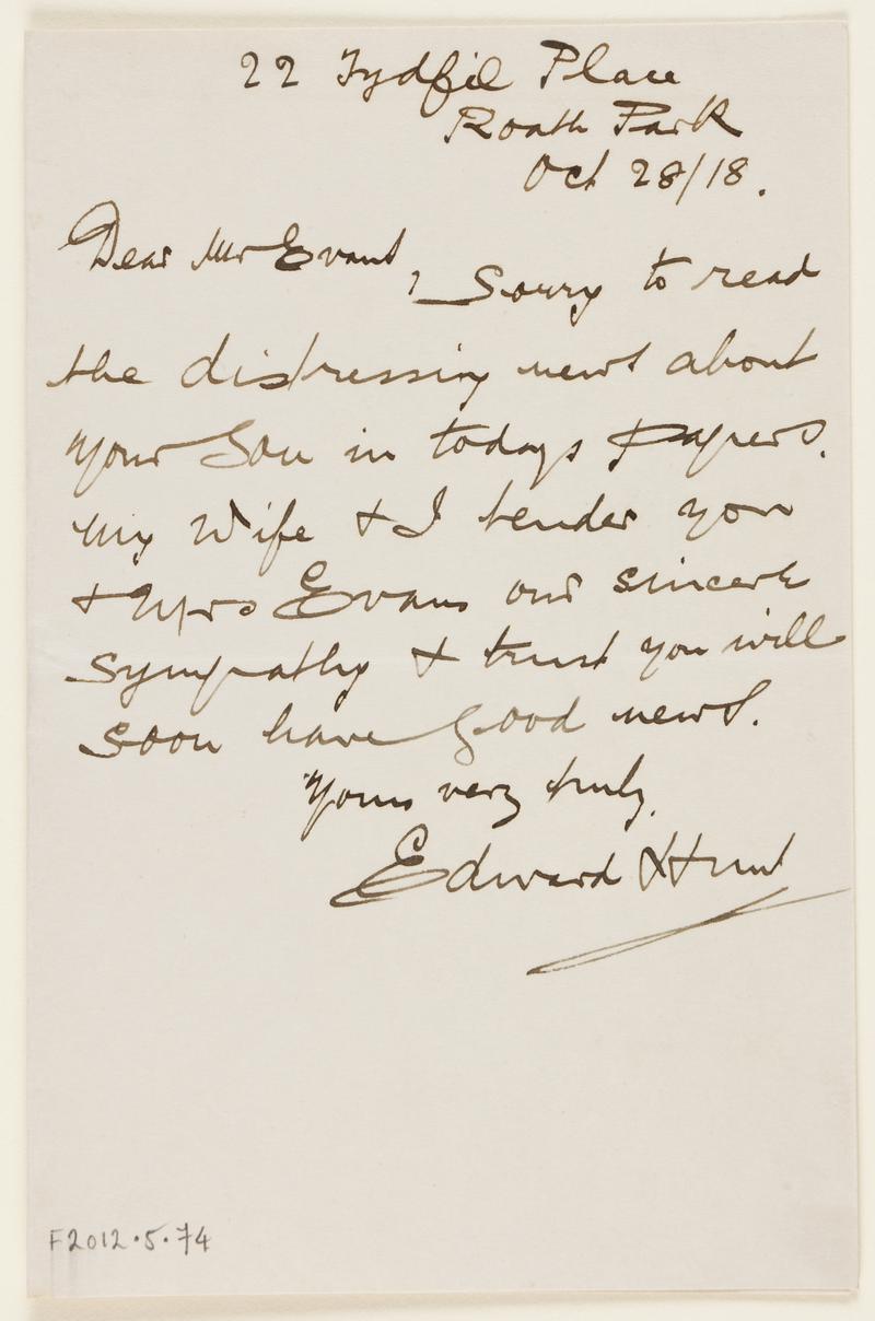 Letter of sympathy sent to Eli Evans