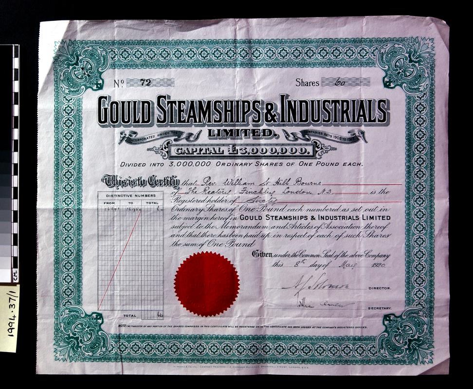 Gould Steamships & Industrials Ltd., share certificate