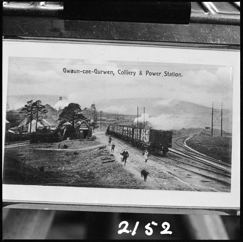Black and white film negative of a photograph showing a general surface view of Gwaun-Cae-Gurwen Colliery.  'G.C.G' is transcribed from original negative bag.
