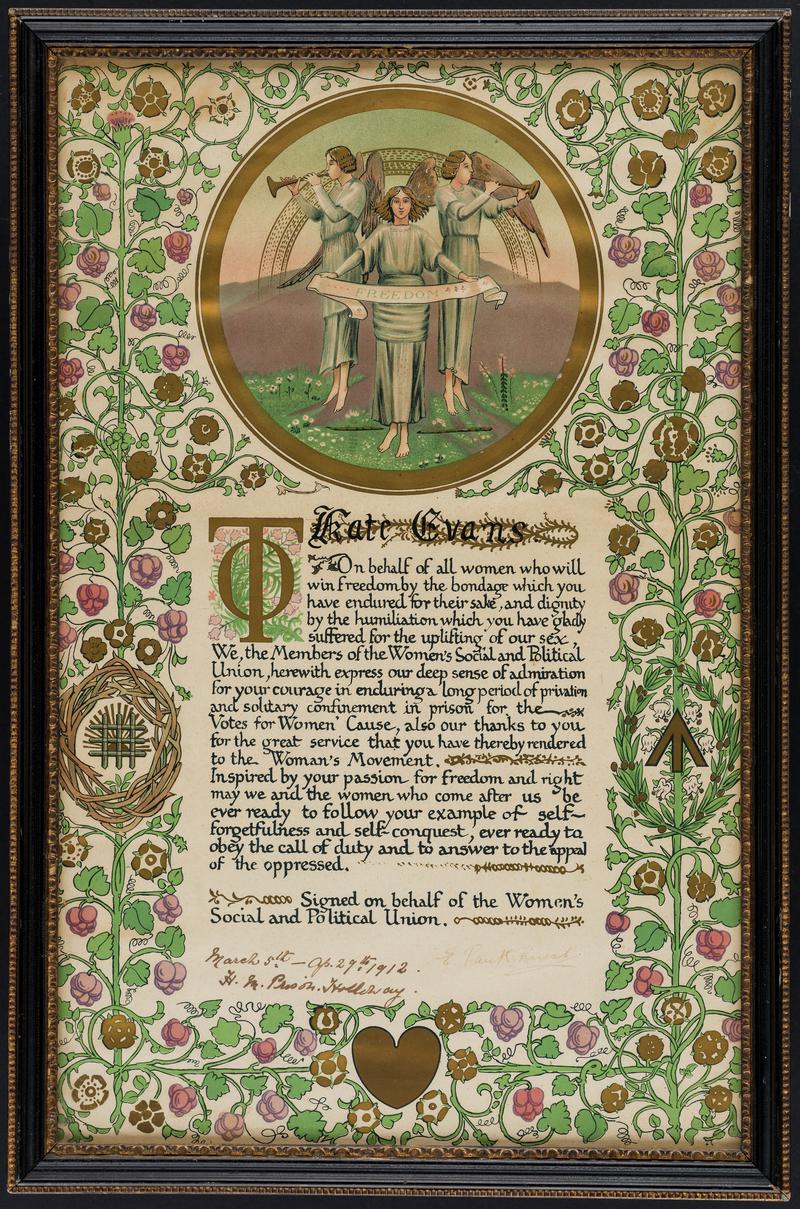Illuminated address awarded to Kate Williams Evans by the Women's Social and Political Union on May 16th 1912