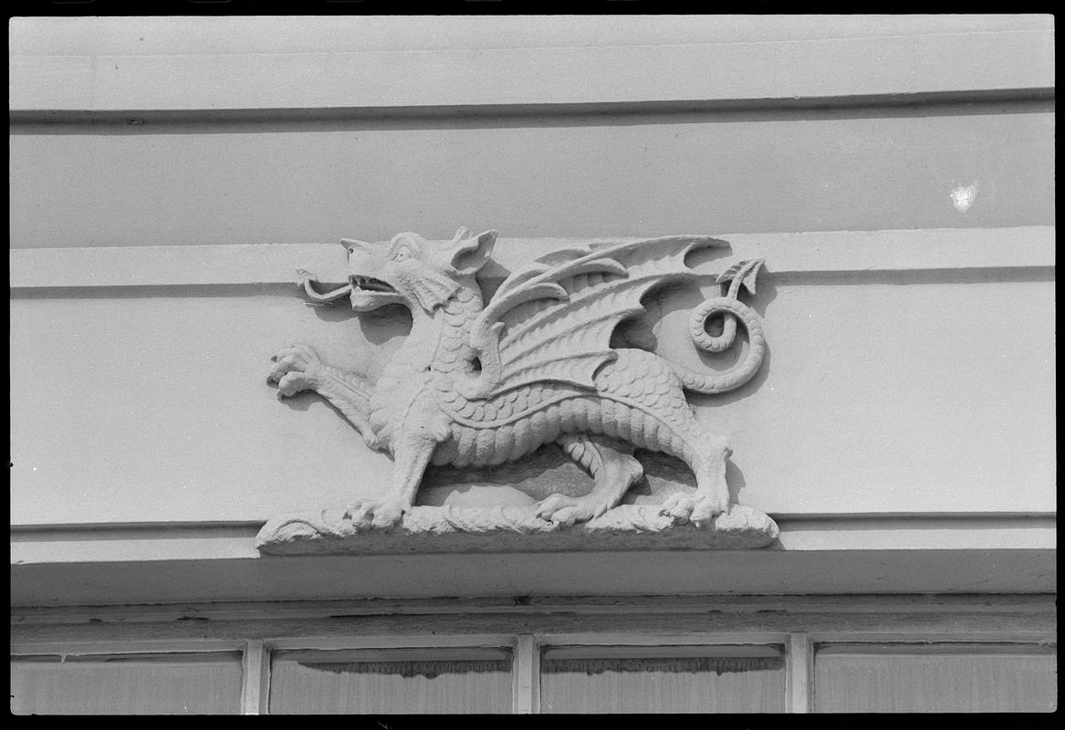 Dragon frieze (depicted in stone), on Ocean Buildings, Butetown.