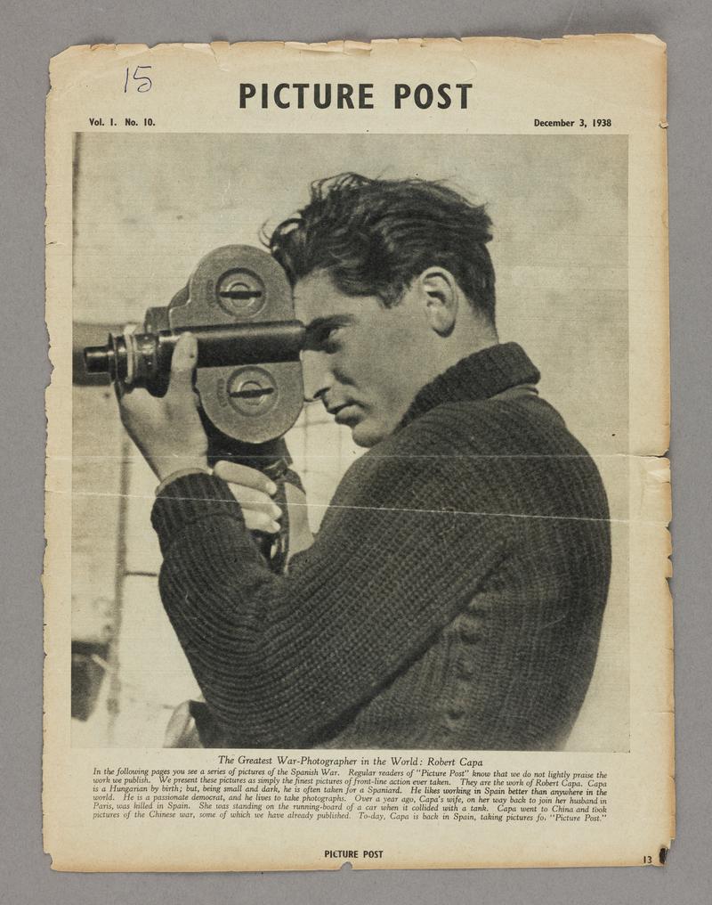 Six pages (pages 13-24) from Picture Post Vol. 1 No. 10 December 3, 1938. Article is titled 'This is War!' and features 26 photographs showing images of Spanish Civil War taken by Robert Capa. Page 13