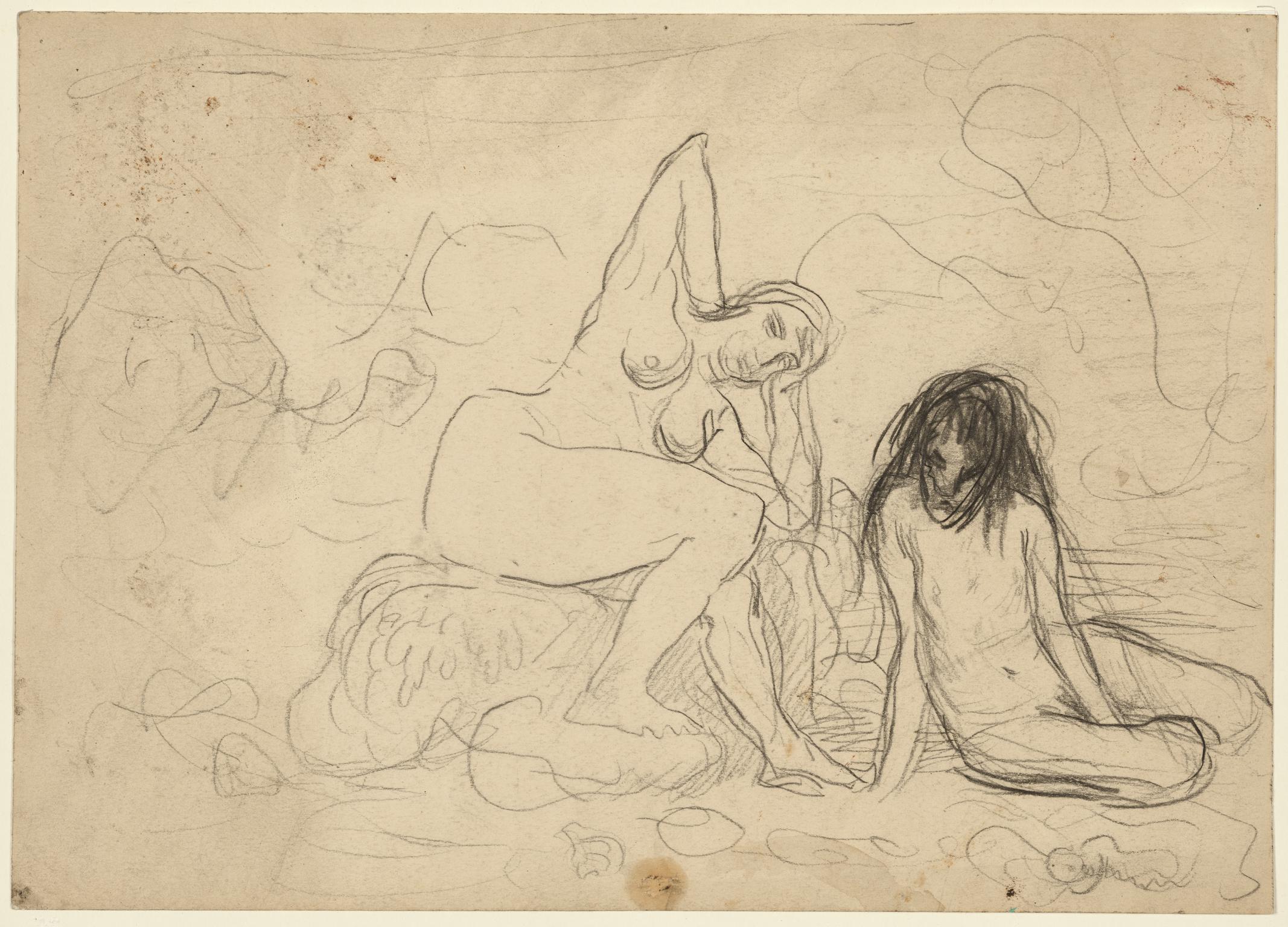 A nude Woman seated on a Rock beside a nude Man