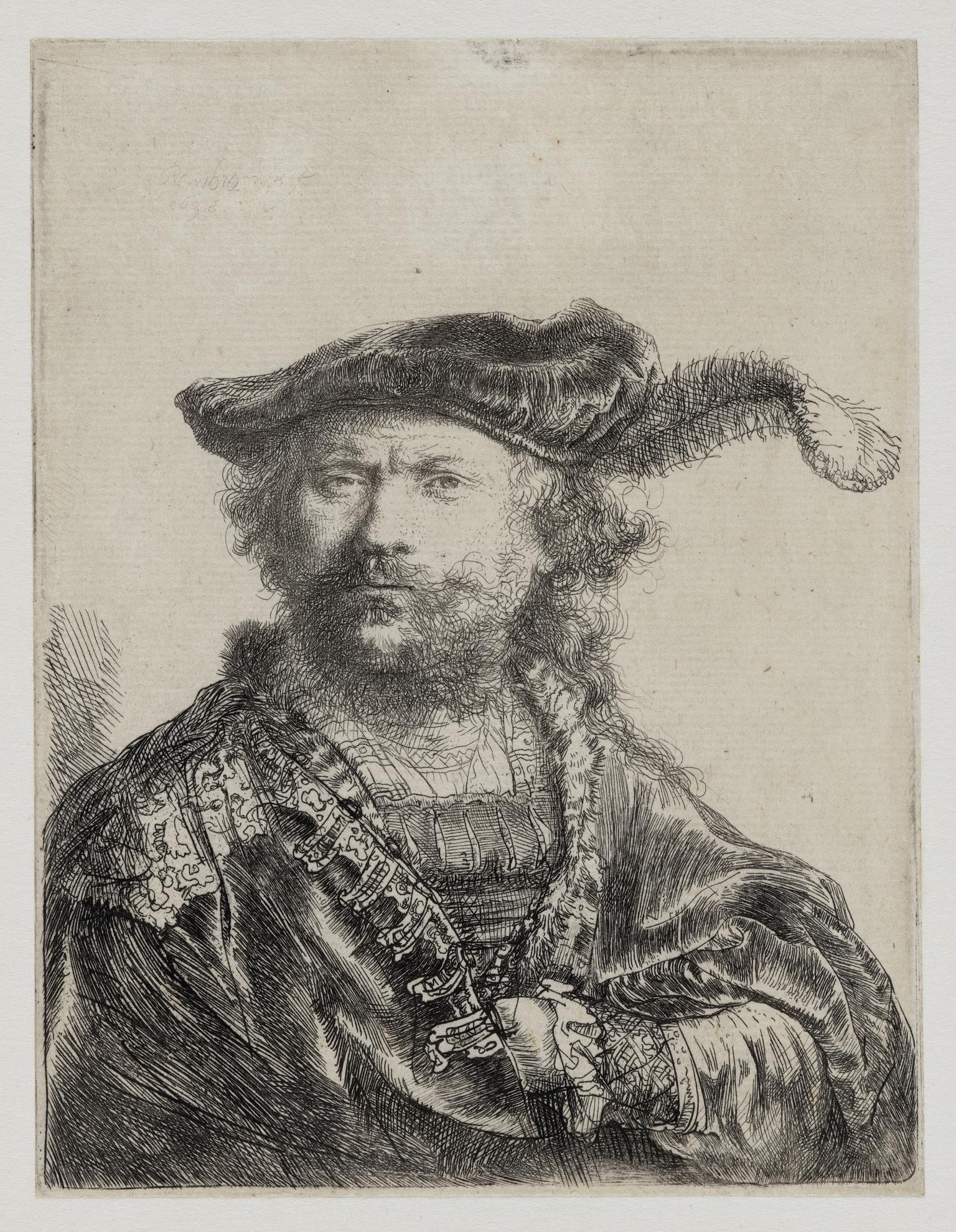 Rembrandt yn gwisgo cap melfed a phluen, gyda gwisg wedi’i brodio
