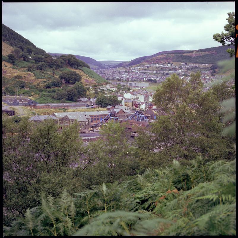 Colour film negative showing a view towards Six Bells Colliery.  'Six Bells' is transcribed from original negative bag.  Appears to be identical to 2009.3/1903.