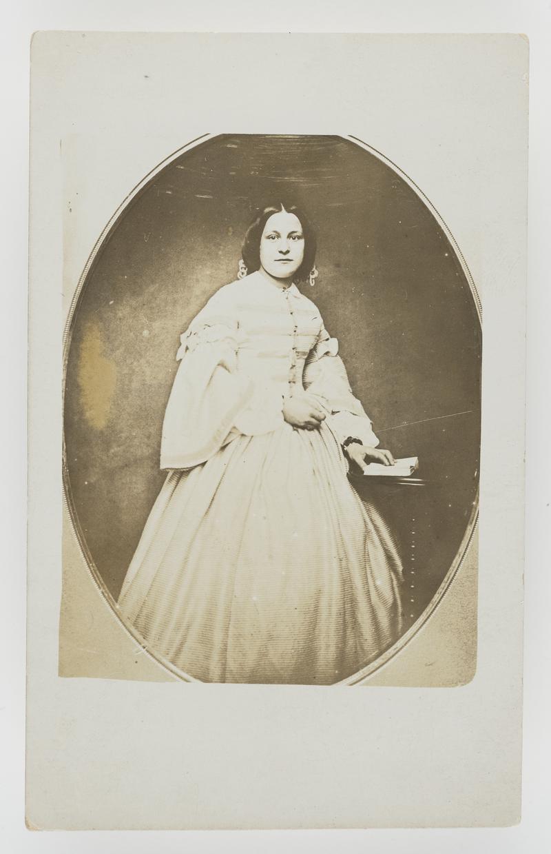 Studio photograph of a woman in wedding dress, Swansea, 1865.